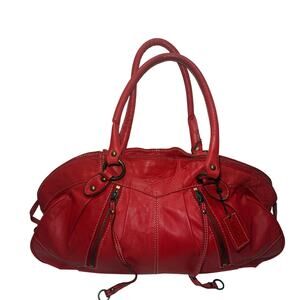 Latico Red Coral Leather Satchel Bag Dual Handle Pleated Boho Statement Handbag